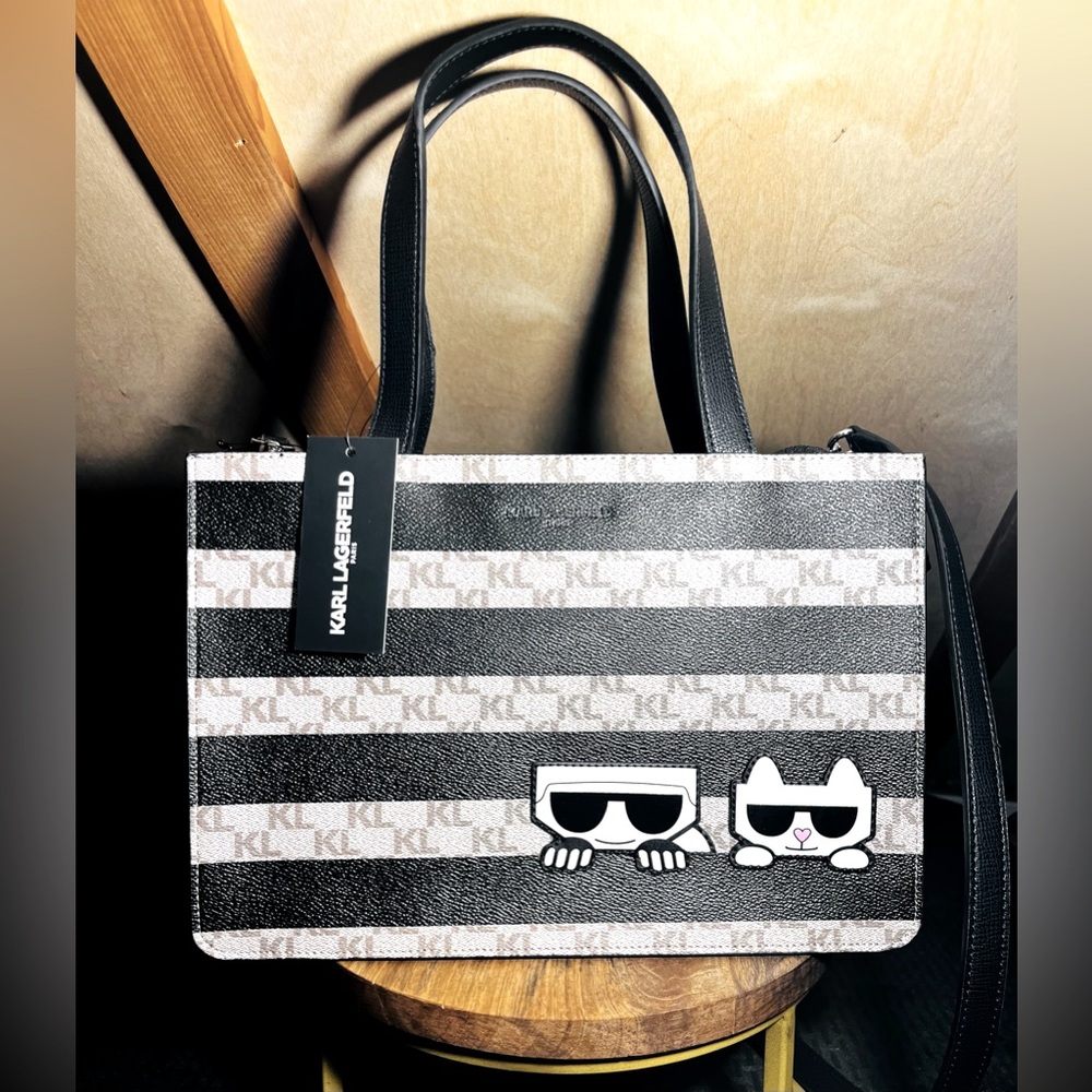 NEW! Karl Lagerfeld Black and Tan Shoulder Handbag